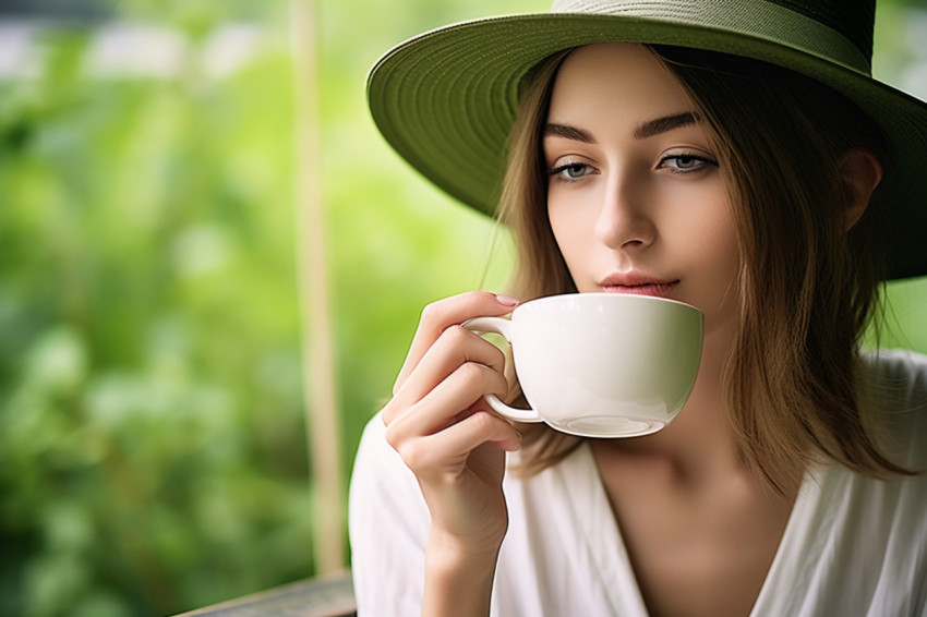 Woman enjoys a matcha latte in a peaceful tea garden