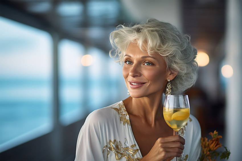 Elegant woman enjoying champagne at an exclusive yacht celebration