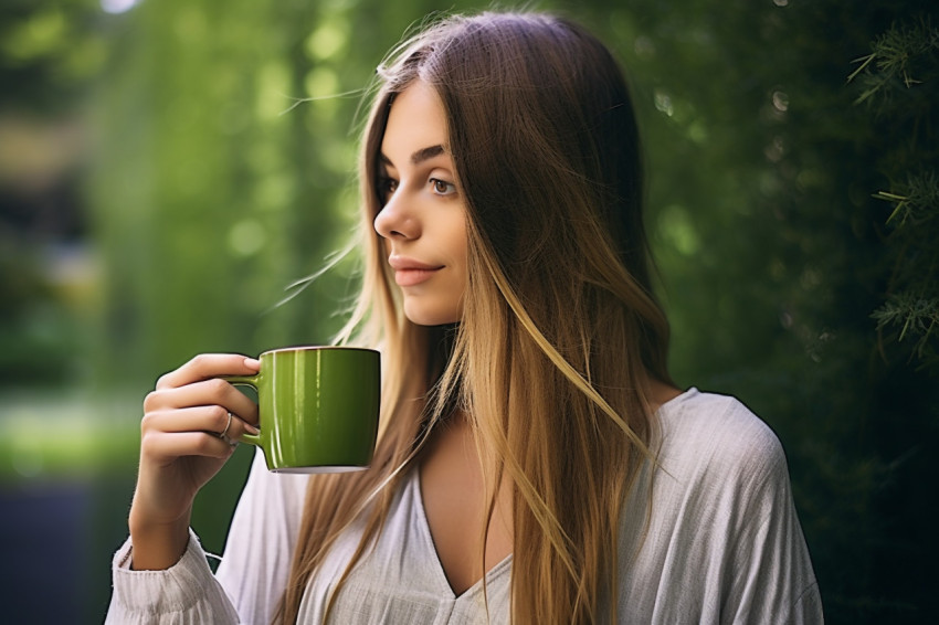 Woman enjoys a matcha latte in a peaceful tea garden