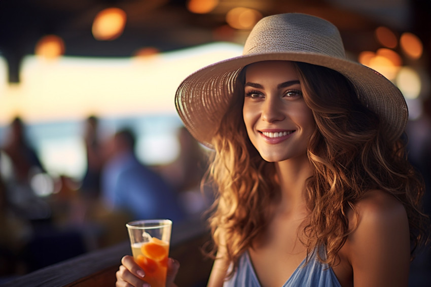 Elegant woman enjoying a refreshing cocktail at a seaside bar