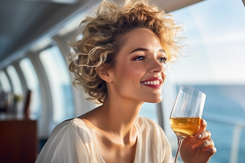 Elegant woman enjoying champagne at an exclusive yacht celebration