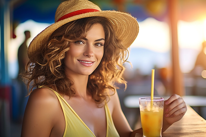 Elegant woman enjoying a refreshing cocktail at a seaside bar