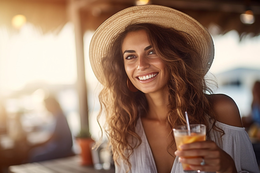 Elegant woman enjoying a refreshing cocktail at a seaside bar