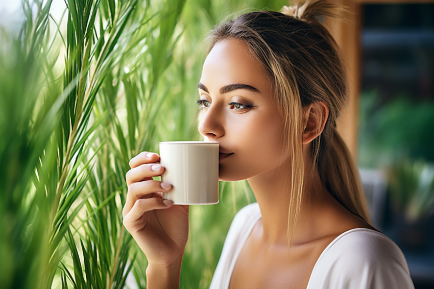 Woman enjoys a matcha latte in a peaceful tea garden