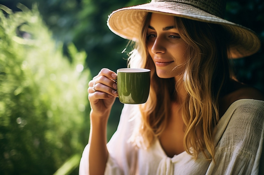 Woman enjoys a matcha latte in a peaceful tea garden