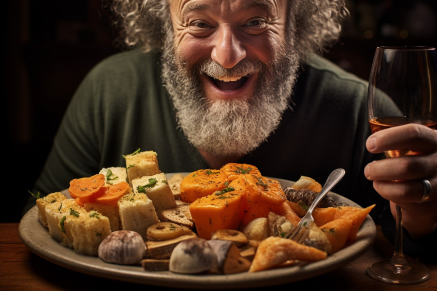 Smiling man savoring a delicious Spanish tapas platter