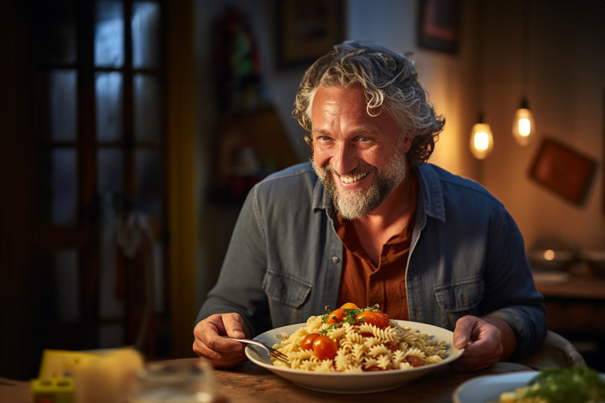 Attractive man savoring delicious pasta