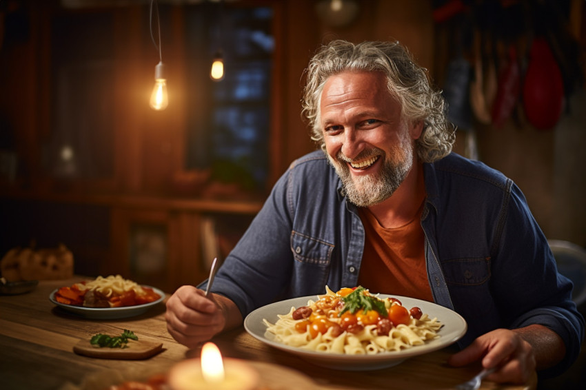 Attractive man savoring delicious pasta