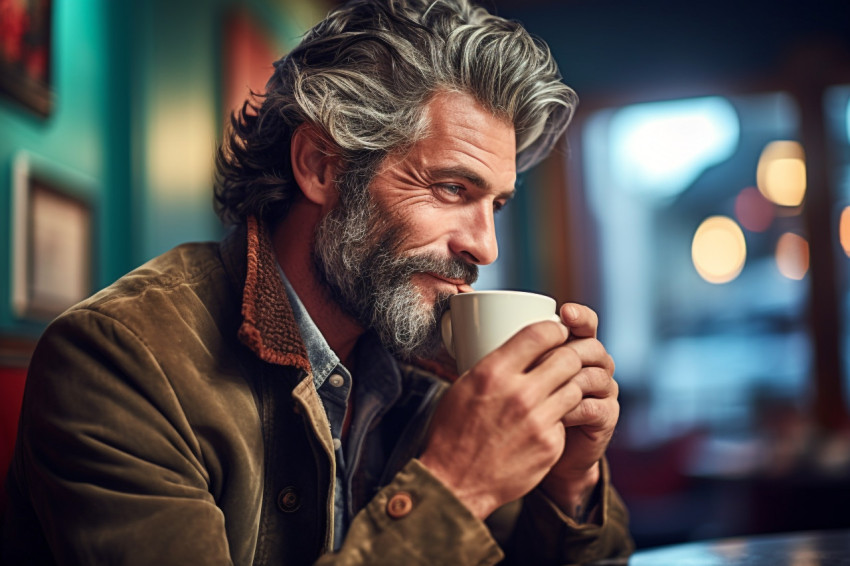 Stylish man enjoys coffee at a popular cafe