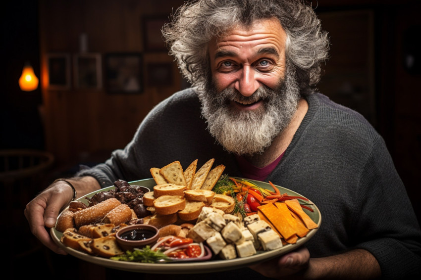 Smiling man savoring a delicious Spanish tapas platter