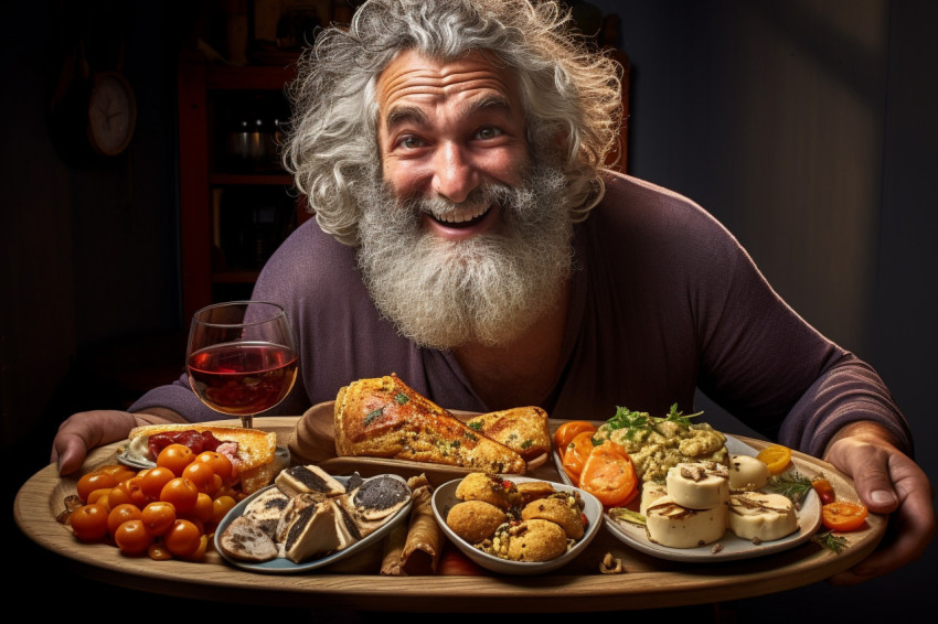 Smiling man savoring a delicious Spanish tapas platter