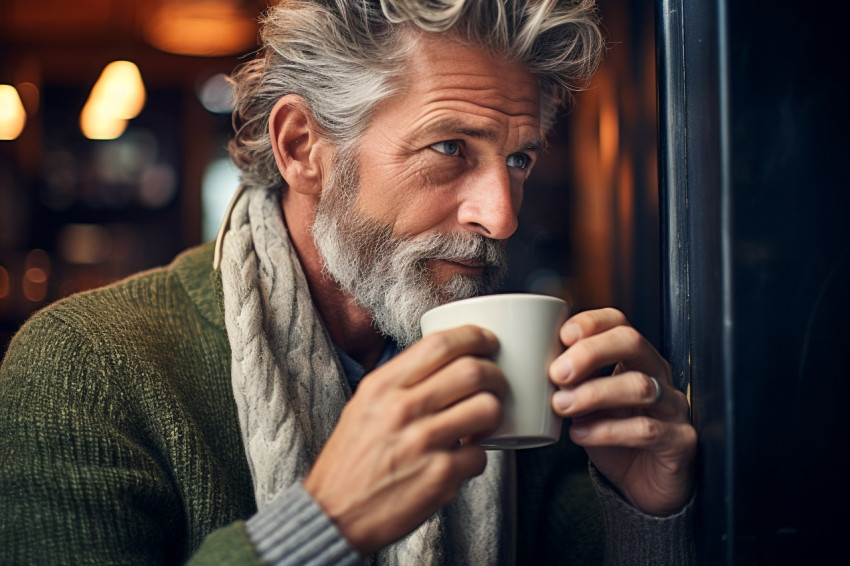 Stylish man enjoys coffee at a popular cafe