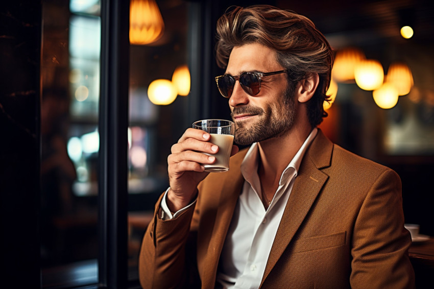 Stylish man enjoys coffee at a popular cafe