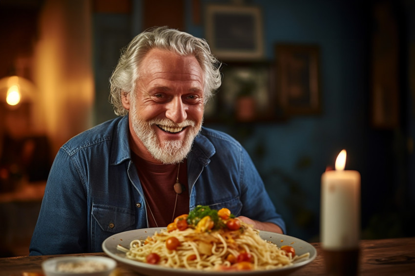 Attractive man savoring delicious pasta