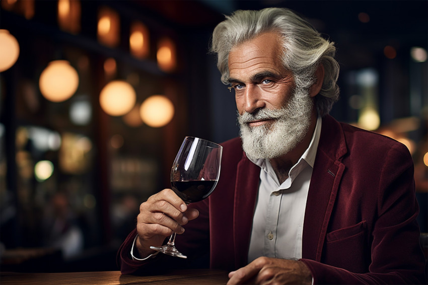 Elegant man savors wine at an upscale eatery