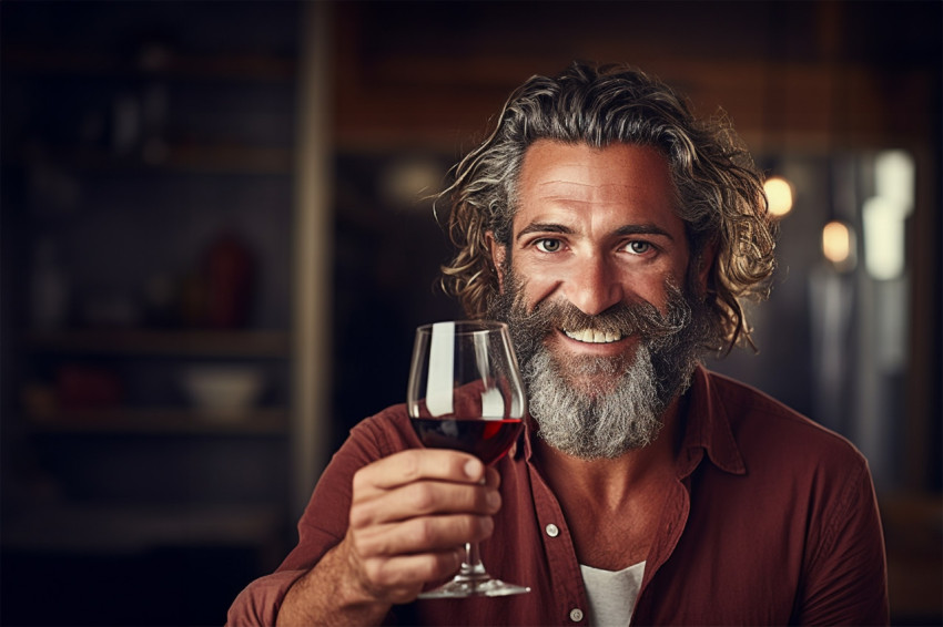 Elegant man celebrating with a glass of red wine