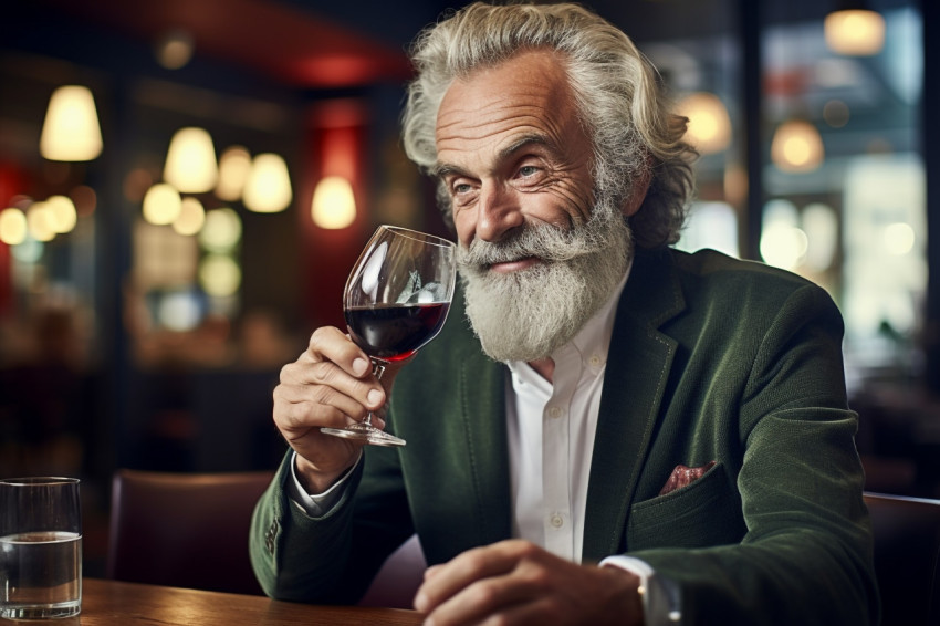 Elegant man savors wine at an upscale eatery