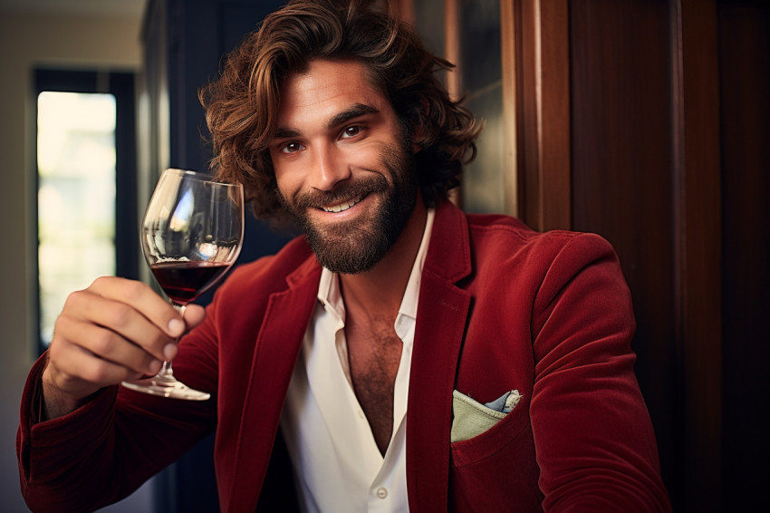 Elegant man celebrating with a glass of red wine