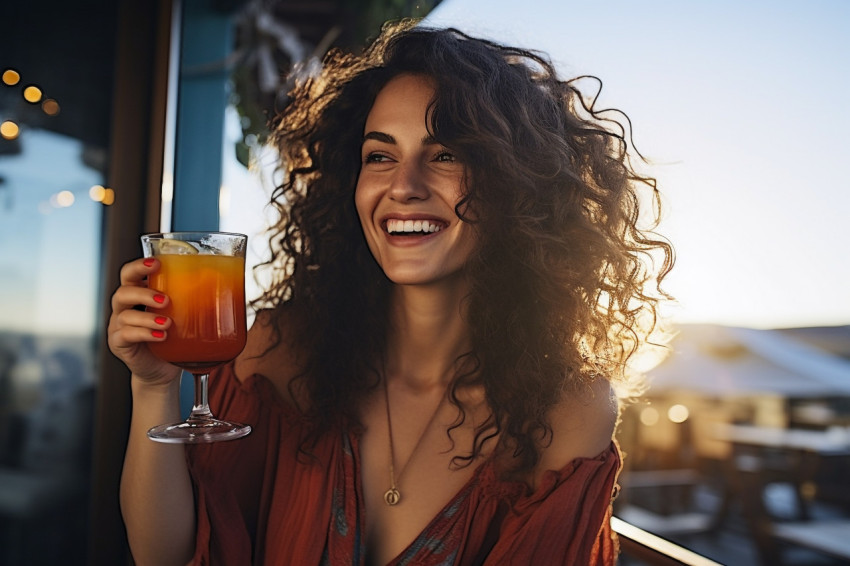 Smiling woman cheers with a refreshing cocktail at a rooftop bar