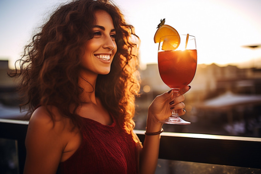 Smiling woman cheers with a refreshing cocktail at a rooftop bar