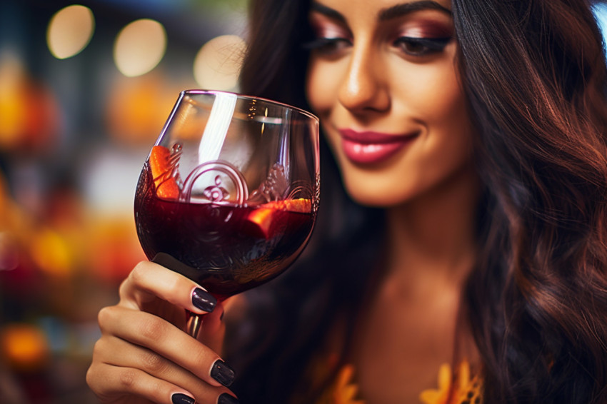 Smiling woman enjoys a refreshing sangria at a lively party