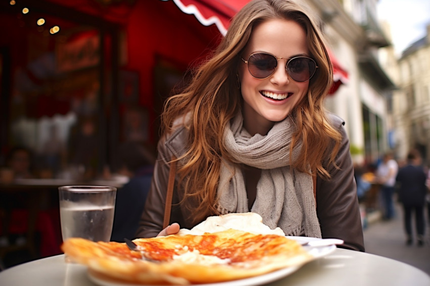 Elegant lady relishing a Parisian crepe at an outdoor bistro