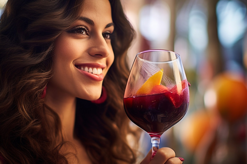 Smiling woman enjoys a refreshing sangria at a lively party