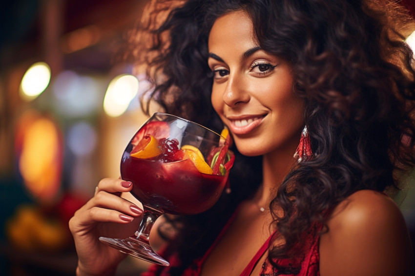 Smiling woman enjoys a refreshing sangria at a lively party