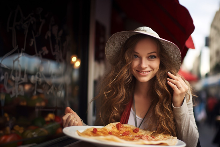 Elegant lady relishing a Parisian crepe at an outdoor bistro