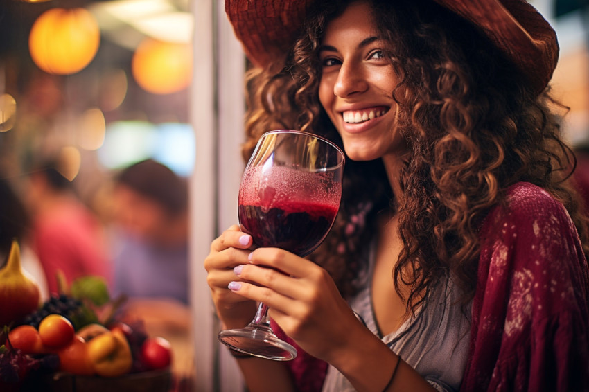 Smiling woman enjoys a refreshing sangria at a lively party