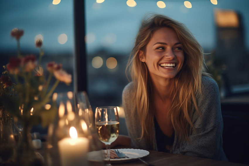 Smiling woman savors a cozy meal at a rooftop eatery