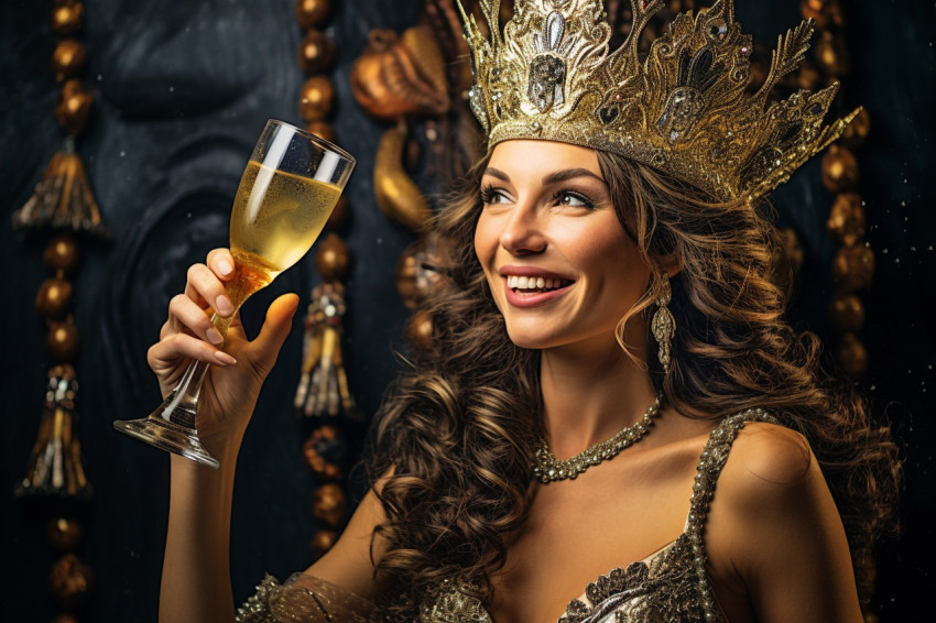 Elegant woman celebrating New Years Eve with champagne at a festive party