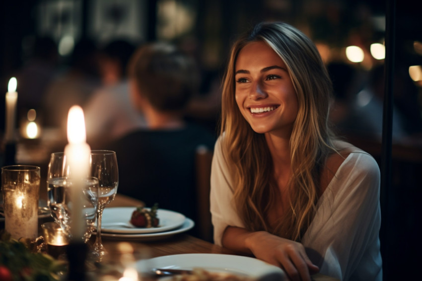 Stylish woman savors delicious dinner at a cozy restaurant