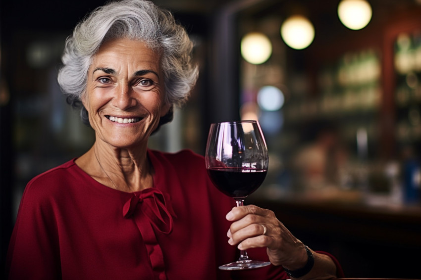 Elegant woman savoring red wine at an Italian restaurant