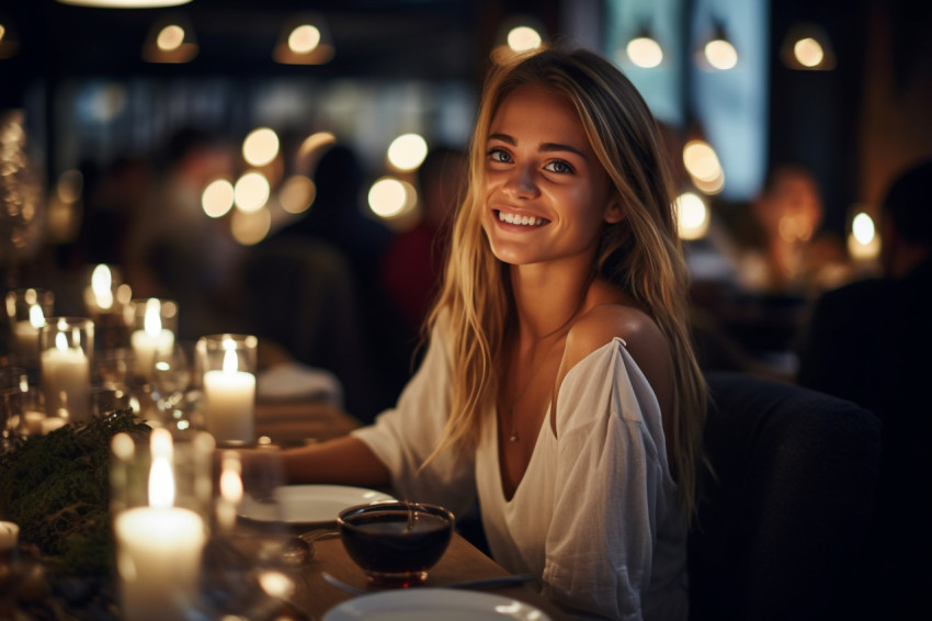 Stylish woman savors delicious dinner at a cozy restaurant