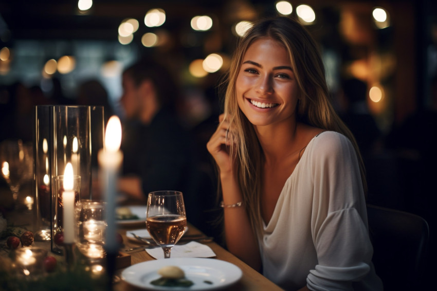 Stylish woman savors delicious dinner at a cozy restaurant