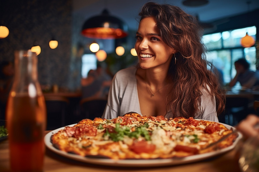 Elegant woman savoring a delicious pizza slice at a pizza restaurant