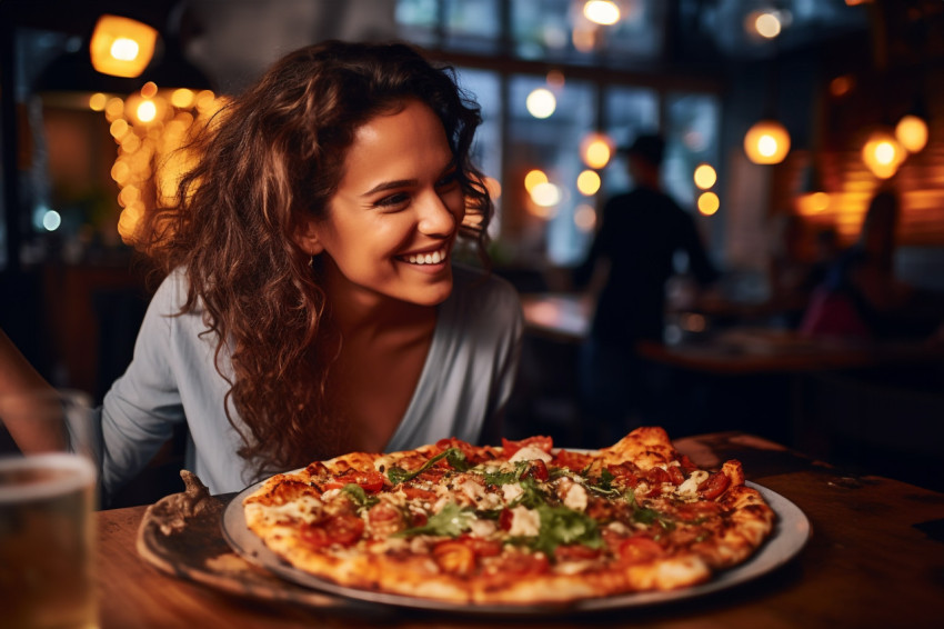 Elegant woman savoring a delicious pizza slice at a pizza restaurant