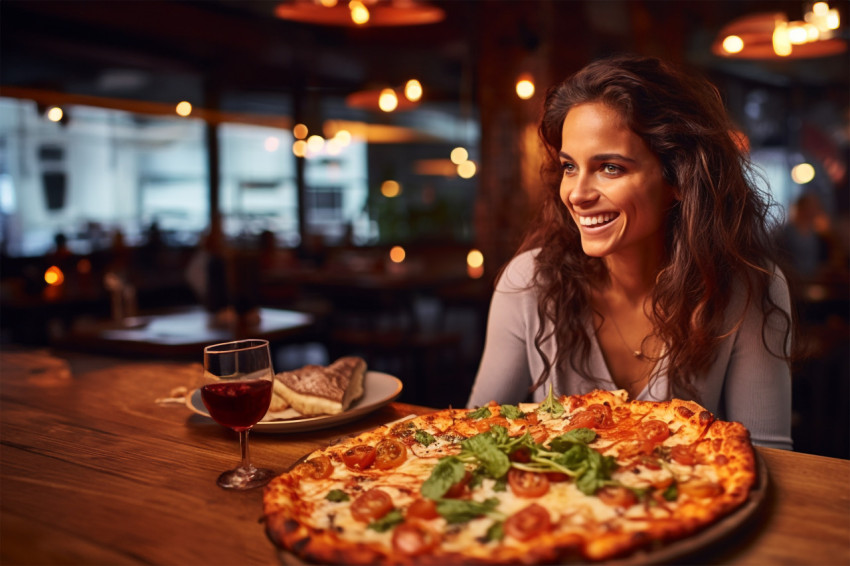 Elegant woman savoring a delicious pizza slice at a pizza restaurant