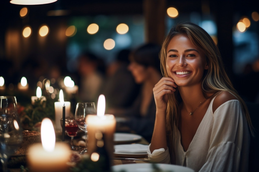 Stylish woman savors delicious dinner at a cozy restaurant