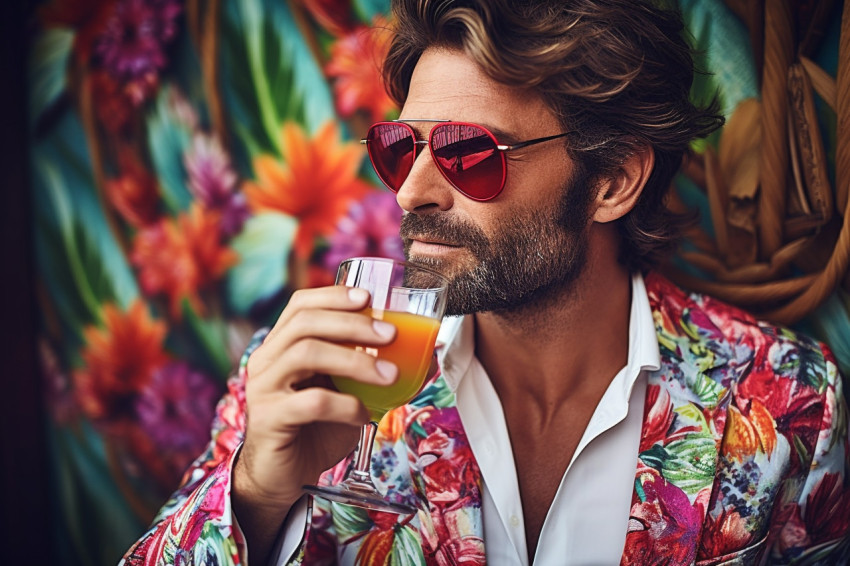 Stylish guy enjoys a refreshing fruity drink