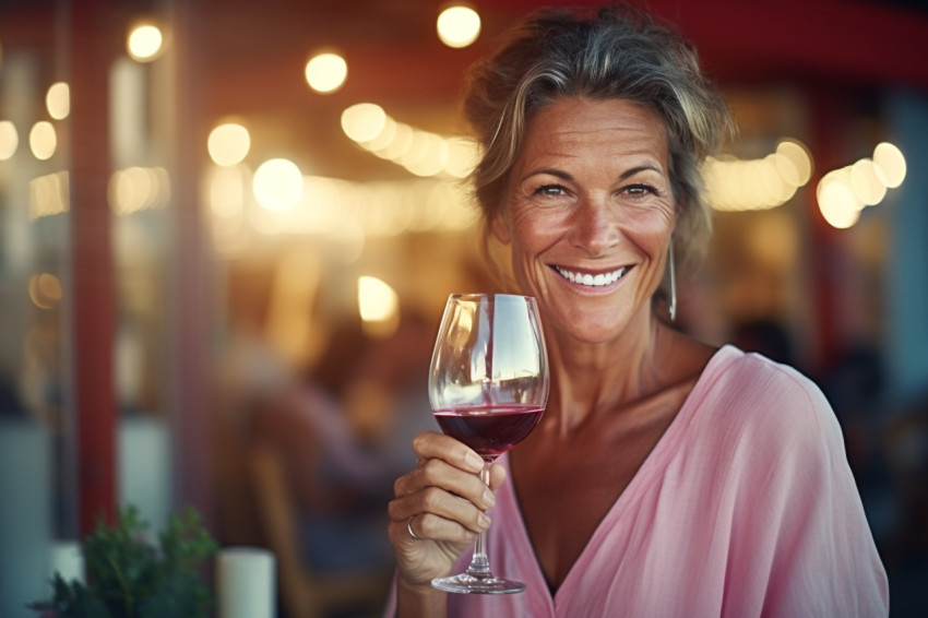 Smiling woman enjoying a glass of wine in a charming bistro