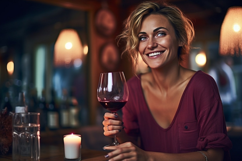 Smiling woman enjoying a glass of wine in a charming bistro