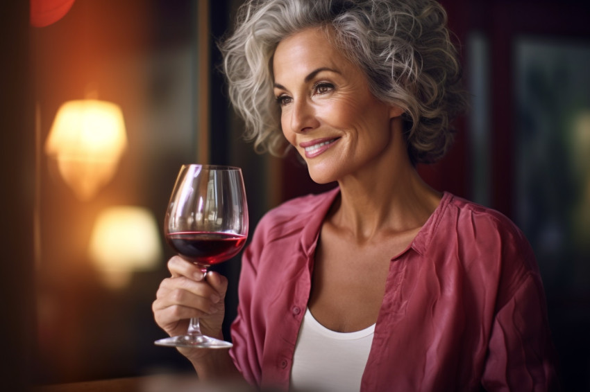 Smiling woman enjoying a glass of wine in a charming bistro