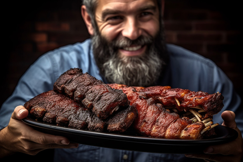 Dapper man enjoys delicious barbecue ribs