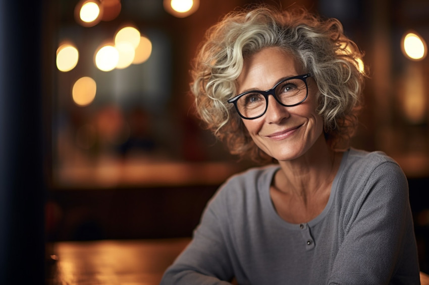 Smiling woman enjoying a glass of wine in a charming bistro