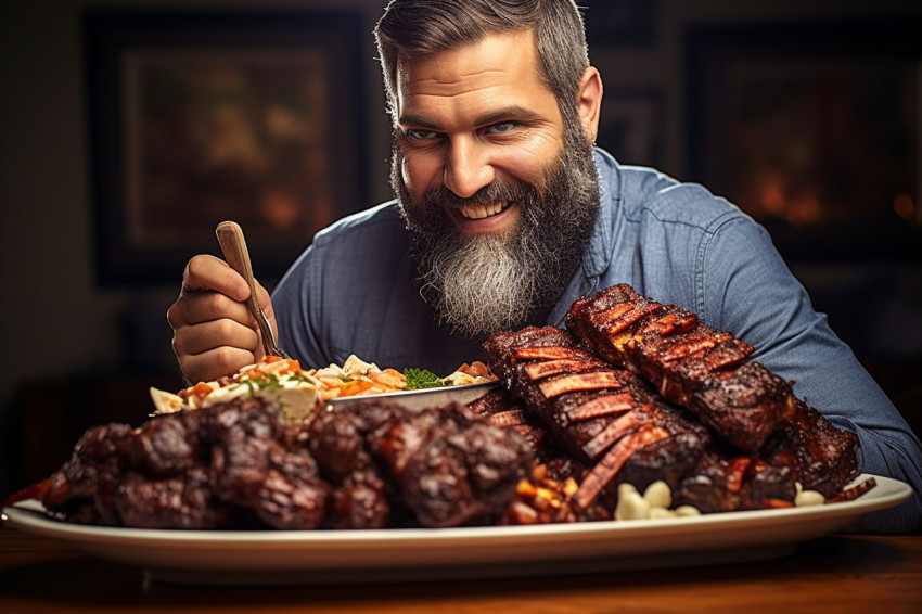 Dapper man enjoys delicious barbecue ribs