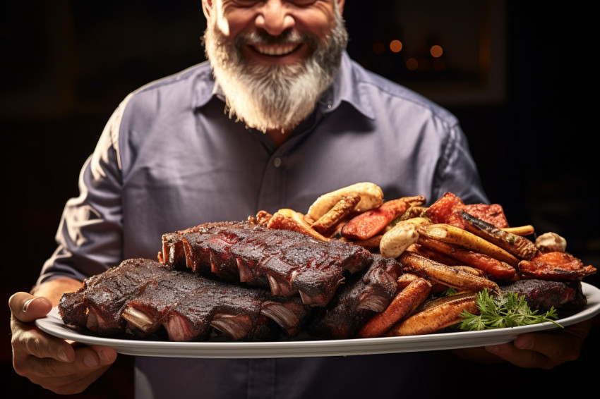 Dapper man enjoys delicious barbecue ribs