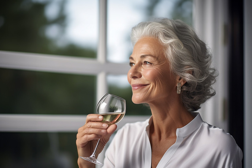 Elegant woman enjoys a martini at an exclusive cocktail event