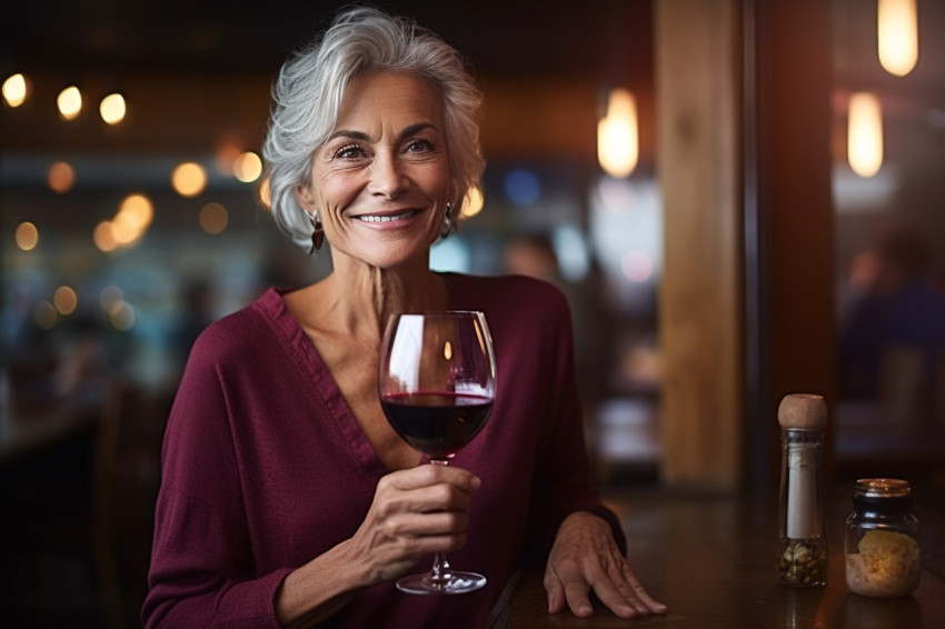 Smiling woman savoring wine in a warm inviting restaurant